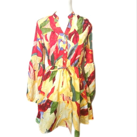 Live 4 Truth Bright Tropical Floral Long Sleeved Mini Dress, Small - Picture 1 of 7